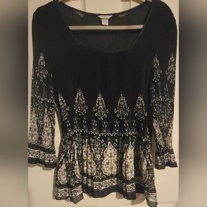 Christopher & Banks Black & White Long Sleeve Crinkle Blouse L